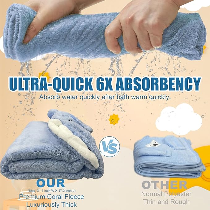 Hooded Baby Towels 2 Pack Coral Fleece, Luxuriously Thick Hooded Towels Soft Shower Bath Towel for Newborn, Infant, Toddler (Blue & Pink)