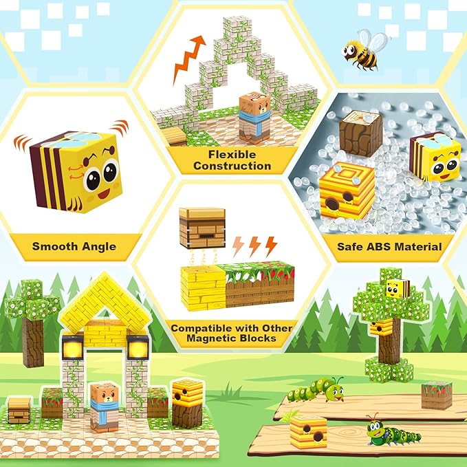 Magnetic Blocks Building Toys - Build Mine Magnet World Bee Cottage Building Set Kids Toys for Ages 3-12 STEM Sensory Toys Buildable Game Elements Gifts for 3+ Year Old Boys & Girls