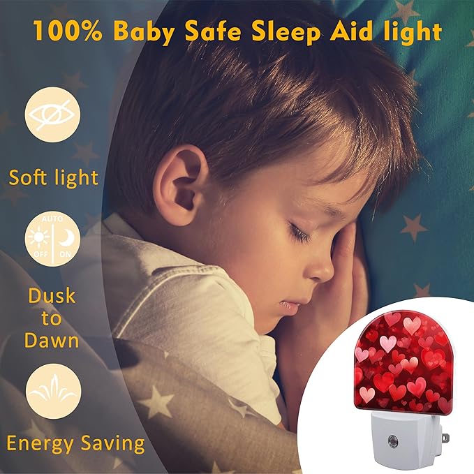 Red Love Hearts Night Light Plug into Wall,Romantic Sweet Red Heart Dusk to Dawn Night Light,0.5w Energy Saving Sleep Friendly Nightlights for Kids Boys Girls Home Decor