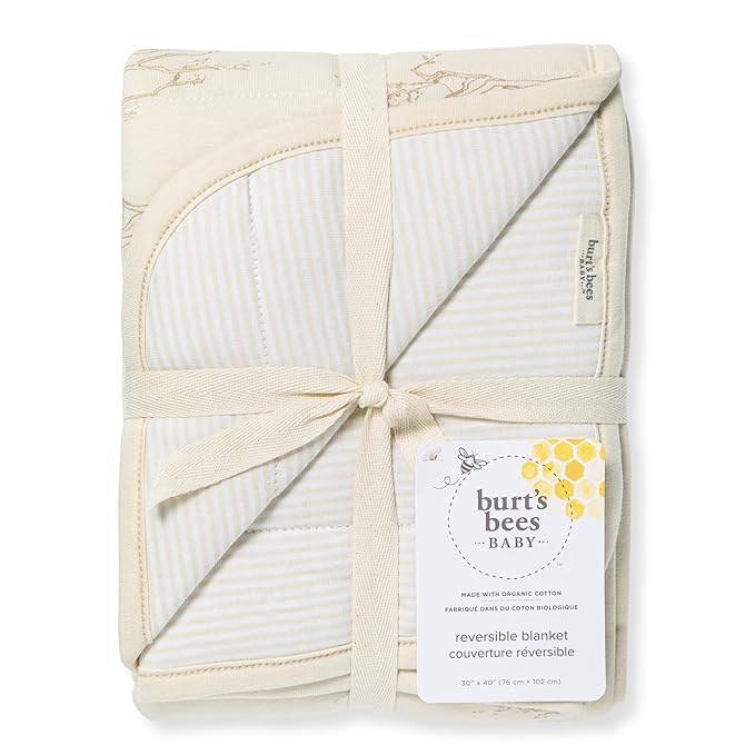 Burt's Bees Baby Reversible Blanket, Nursery, Stroller & Tummy-Time Organic Jersey Cotton Quilted Infant & Toddler Bedding