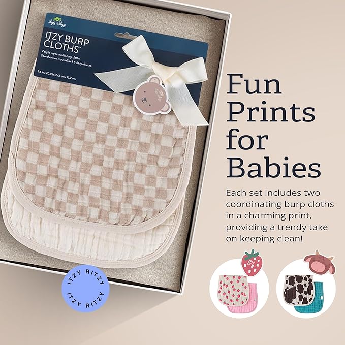 Itzy Ritzy Set of 2 Baby Burp Cloths – Ultra-Soft Absorbent Burping Cloths for Babies - Made of 100% Cotton Muslin & Generously Sized with Trendy Coordinating Prints – Machine Washable (Checkerboard)