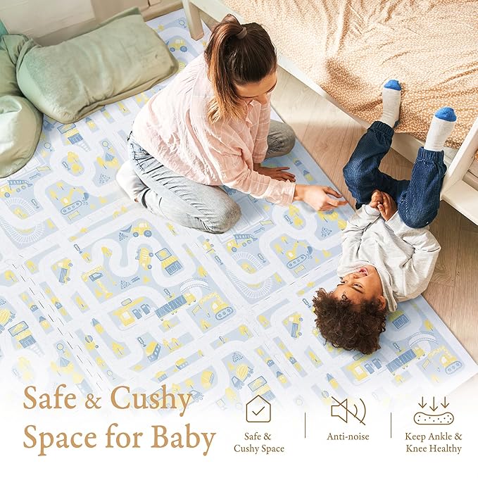 PopsyKosy Premium Baby Foam Play Mats - Stylish Floor & Exercise Puzzle Mat for Toddlers and Kids- 6 Soft, Non-Toxic, Odorless, Peel-Resistant Foam Tiles - 6ft x 4ft- 0.5” inch Thick, Pastel Blue Gray