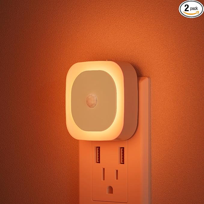 2 Pack Plug in Night Light with Motion Sensor & Dusk to Dawn Sensor, 3 Sensor Modes, Dimmable Night Lights Plug into Wall, Amber Nightlight for Sleep, Bathroom, Bedroom, Indoors, Kids