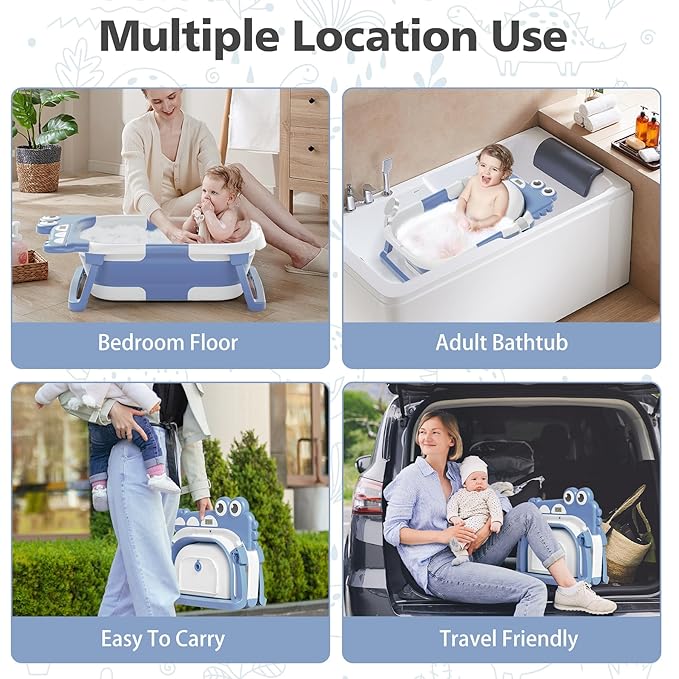 TPN Collapsible Baby Bathtub, Baby Bath Tub with Soft Cushion & Real-Time Thermometer, Baby Bathtub Infant to Toddler Tub (0-36 Months), Portable Travel Baby Tubs for Newborns (Blue)
