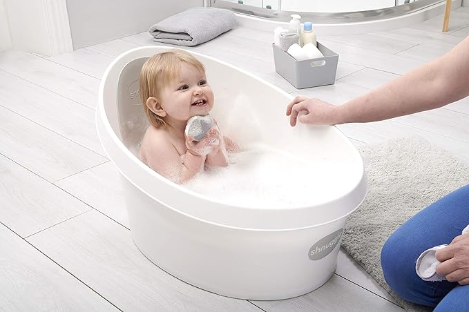 Toddler Bath Tub | Larger Bath for Bigger Kids at Bathtime | Includes Warm and Soft Foam backrest | Grippy Anti-Slip Surface | Includes Easy Drain Bath Plug | White & Grey