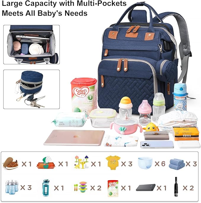Baby Diaper Bags with Changing Station, Large Capacity Diaper Bag Backpack for Moms Dads with USB Charging Port,Travel Baby Bag with Pacifier Case & Stroller Straps(Up-Blue)