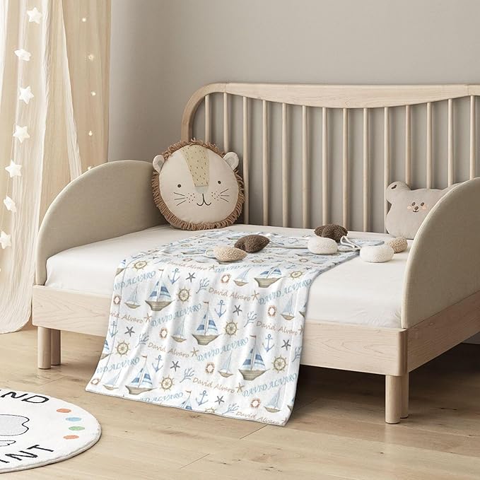 Ship Next Day, Personalized Baby Blanket for Boys Girls - Printed in USA, Custom Name Toddler Blanket with Sailboat Pattern, Perfect Newborn Gift