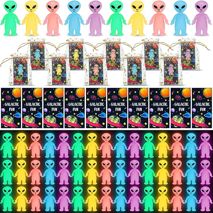 40 Pcs Glow in The Dark Mini Alien Figures Set with Card and Gift Bag for Space Birthday Party Favors Halloween Little Small Tiny Alien Figurines Statue for Hide and Seek (Colorful)