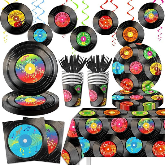142Pcs Record Theme Tableware Set, 50's Party Decorations Record Paper Plates and Napkins, Cups, Tablecloth, Hanging Swirls Record Banner for 1950's Rock Music Party Supplies