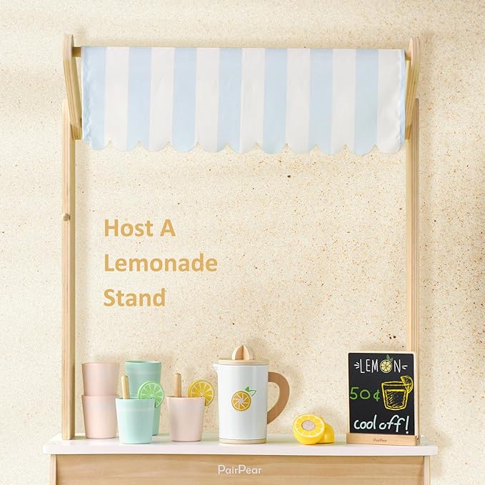 PairPear Wooden Lemonade Stand Play Set, Kids Play Food Pretend Play Lemonade Stand Play Set, Montessori Pretend Kitchen & Market Toy for Toddlers Ages 3+