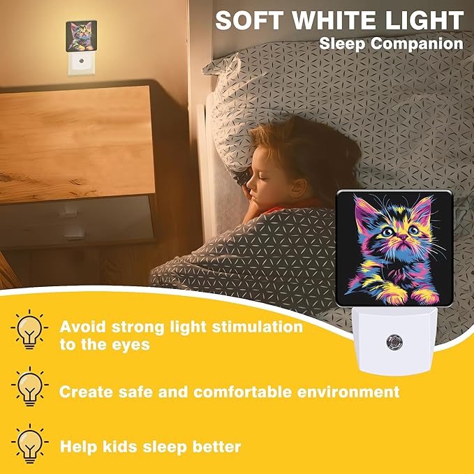 Night Light Colorful Cute Cat Night Lights Plug into Wall Smart Dusk to Dawn Sensor 0.5W Energy Efficient Led Lamp for Men Women Bedroom Bathroom Hallway Stairway Decor