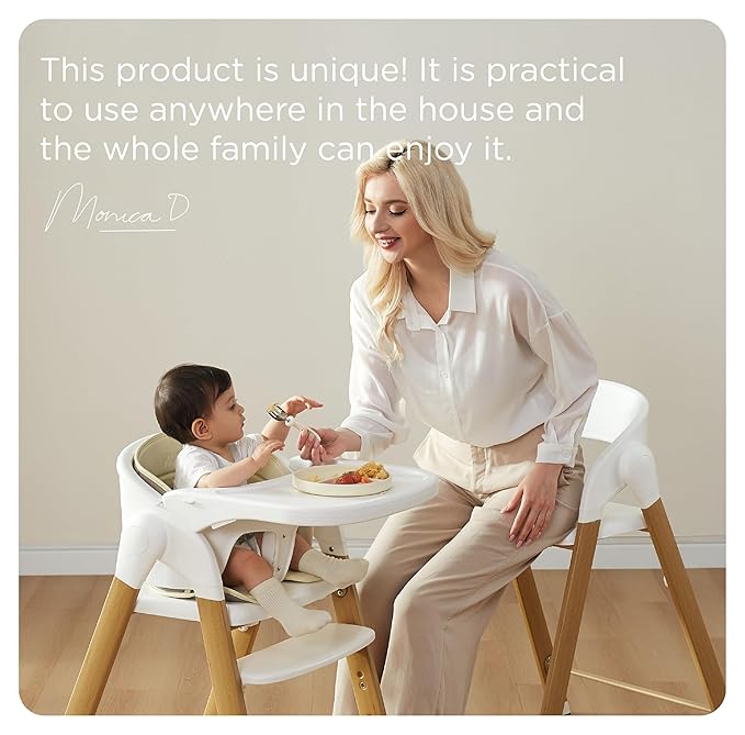 KUB High Chair for Babies and Toddlers Adjustable Foldable Convertible 5 Point Harness Easy Clean Wood-Printed Metal with Removable Tray Baby Highchair for Family (White&Natural Wood-Printed Metal)