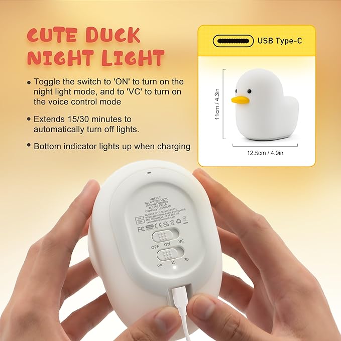 UNEEDE Voice Control LED Benson Night Light, Cute Duck Animal Silicone Nursery Night Light Rechargeable Table Lamp Bedside Lamp with Touch Sensor for Baby Girls Women Bedrooms, Living Room