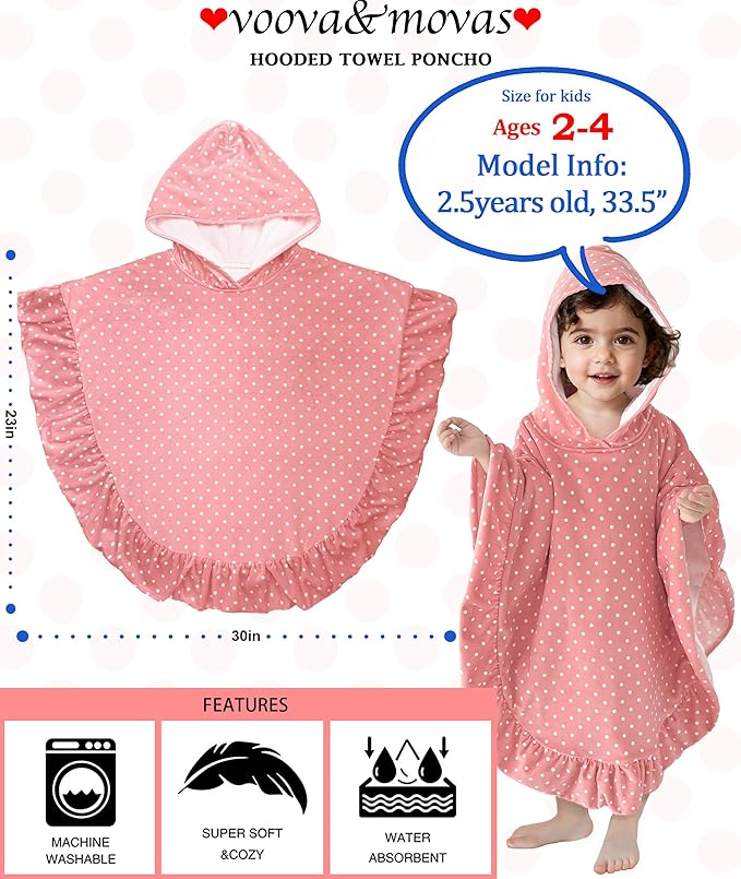 VOOVA & MOVAS Toddler Hooded Towel Poncho with Ruffle Trim | Soft 100% Cotton | Absorbent Thick Towel for Bath, Swim, Beach & Winter | Cozy