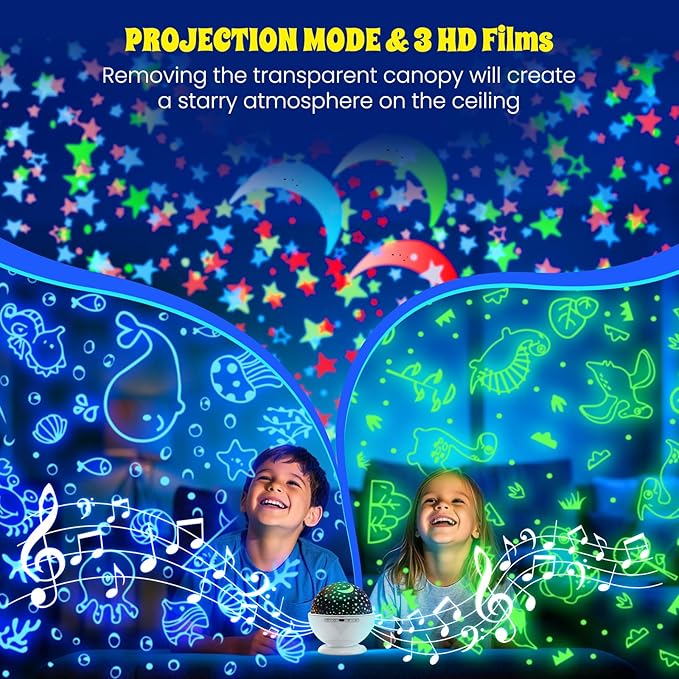 Night Light Projector,Night Light for Kids Room with Remote and Timer,360° Rotation,3 Projection Films,18 Light Modes,8 Lullaby Songs,Kids Night Lamp, Birthday Christmas Gifts for Boys Girls (White)