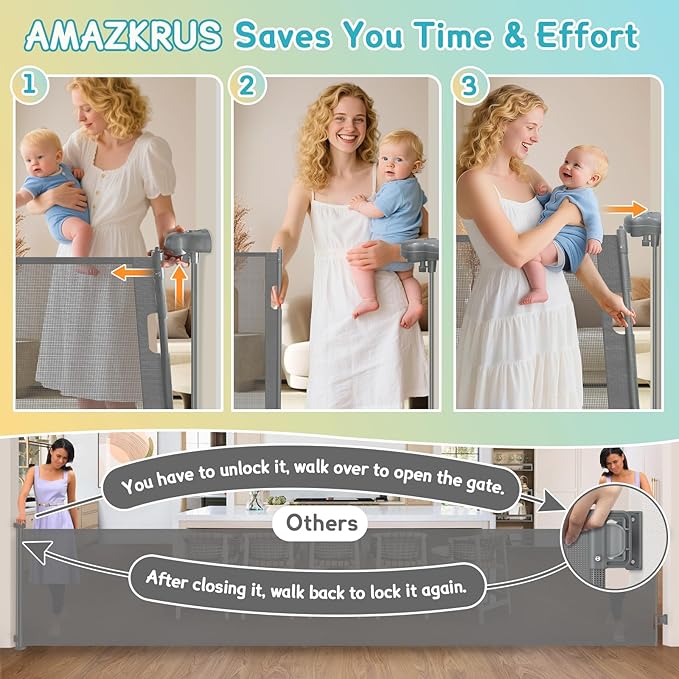 236'' Retractable Baby Gates Extra Wide, 42'' Extra Tall Retractable Dog Gate, 20 FT Grey Indoor/Outdoor Retractable Gate with Reinforcement Rods for Garage, Doorways, Stairs, Decks, Driveway, Patio