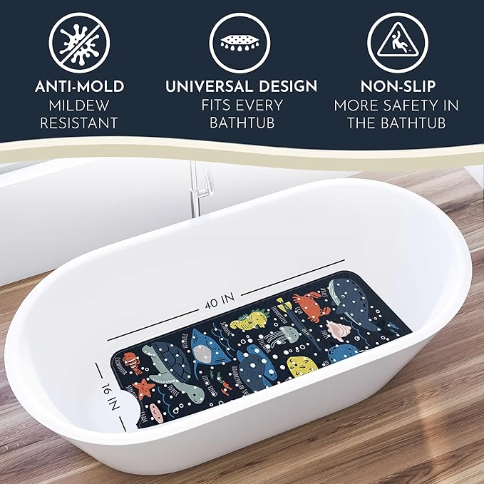 Homerella Baby Bath Tub Mat | Anti Mold Mildew Resistant Non Slip Kids and Adult Bath Tub Shower Mats | 40x16 inch Long with Suction Cups for Secure Grip Hooks for Storage & Drying | Machine Washable