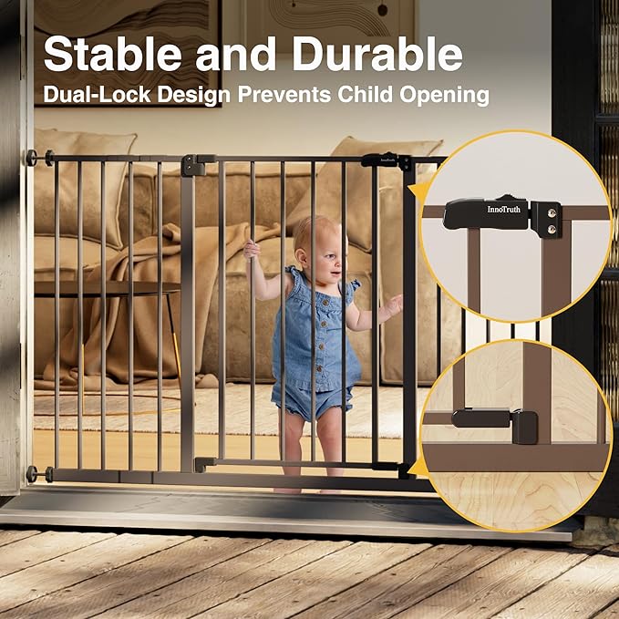 InnoTruth 29.5–49.75" Extra Wide Baby Gate for Stairs, 30" Tall Walk Through Dog Gate for Stairs & Doorways, Pressure-Mounted Safety Gate for Pets & Kids, Dual Lock & 2-Way Swing, Brown