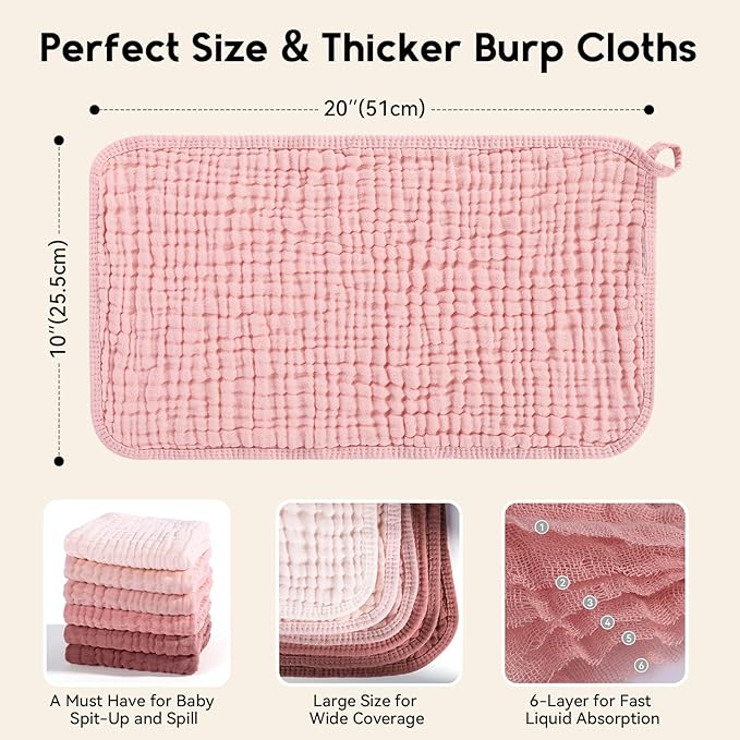 Muslin Burp Cloths for Baby 100% Cotton Burping Cloths for Boys Girls Large 20''X10'' Extra Soft and Absorbent 12 Pack - Gradient Pink