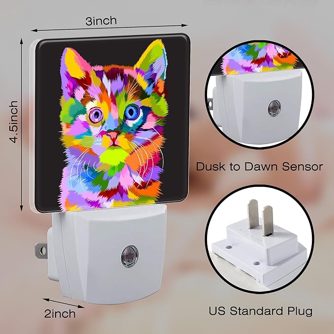 Cat on Pop Art Night Light Plug into Wall, Cute Colorful Cat Dusk to Dawn Night Light, 0.5w Energy Saving Sleep Friendly Nightlights for Kids Boys Girls Home Decor