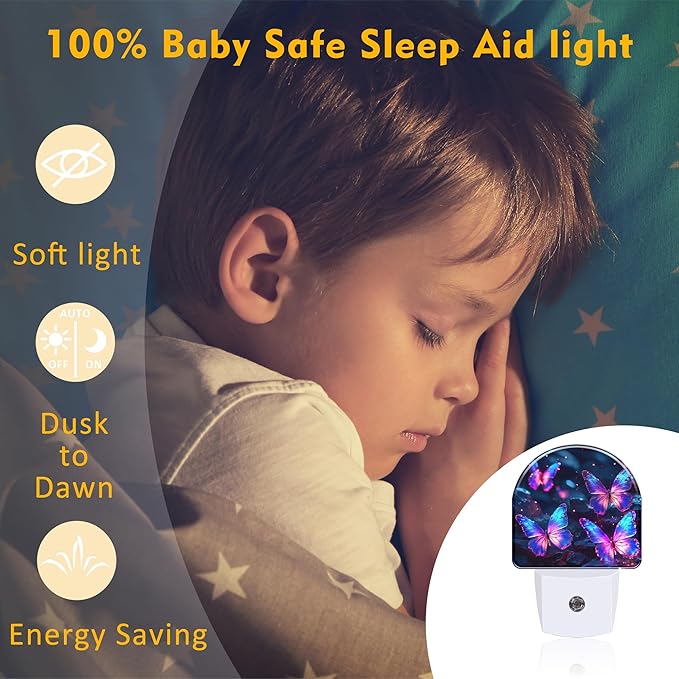 Glowing Purple Butterflies Night Light Plug into Wall, Neon Butterfly Dusk to Dawn Night Light Plug in,0.5w Energy Saving Sleep Friendly NightLight for Kids Boys Girls Home Decor