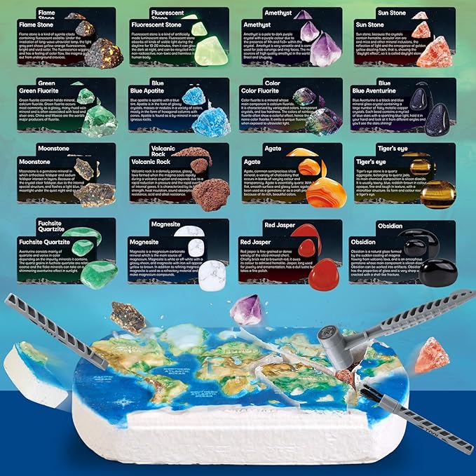 World Map Dig Kit - Gem Rocks Excavation Kit, Gemstone for Kids, Fossil Rock Toys Dig Kits for Collection, World Map Toys for Boys Girls 6 and up Year Old Birthday Gifts