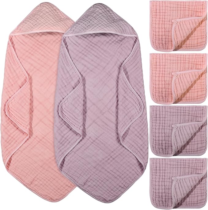 VitalCozy 6 Pcs Baby Muslin Hooded Bath Towels and Washcloths, 32 x 32 Inch Muslin Cotton Hooded Baby Towels Absorbent Hooded Blankets for Gift Newborn Infant Shower (Pink,Rose)