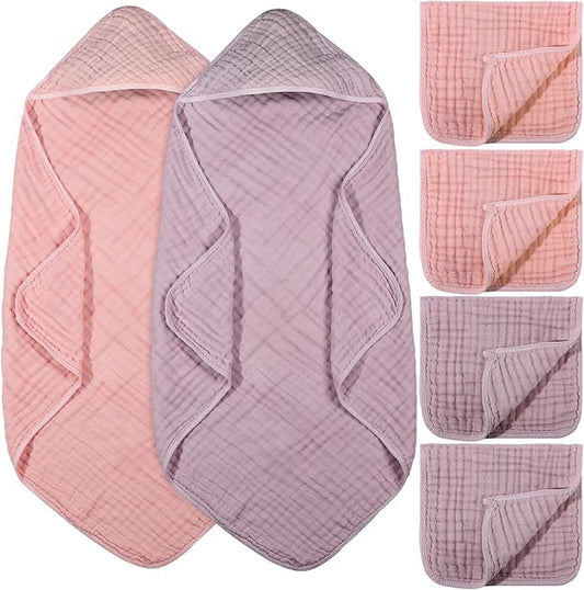 VitalCozy 6 Pcs Baby Muslin Hooded Bath Towels and Washcloths, 32 x 32 Inch Muslin Cotton Hooded Baby Towels Absorbent Hooded Blankets for Gift Newborn Infant Shower (Pink,Rose)