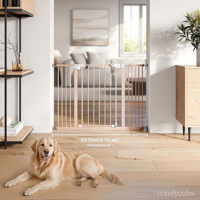 Comfy Cubs Baby Safety Gate with 3 Extensions - Adjustable 42" x 1.9" x 30" Q195 Steel Doorway Barrier - Powder-Coated Finish for Stairs and Doorways - Walk-Through Design Pet Gate - Blush