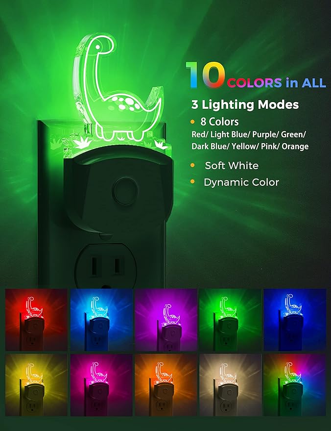 LOHAS Dinosaur Night Light for Boys, Kids Nightlight Plug in, Dusk to Dawn, LED Nursery Night Lights Plug into Wall, 3 Lighting Modes, Color Changing, RGB+Soft White 3000K, for Children, Bedroom Décor