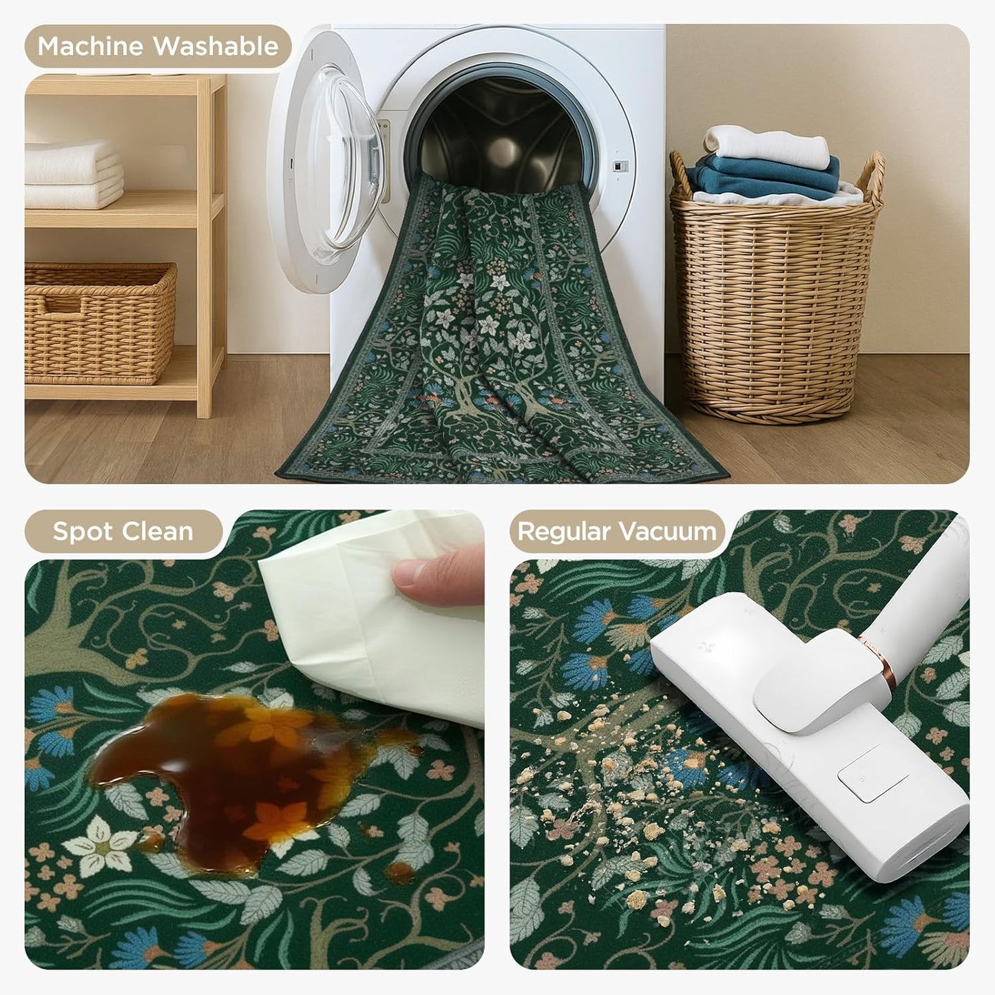 Joydeco Washable Runner Rug Non Slip, Floral Kitchen Carpet Runner 2x6, Soft Low-Pile Botanical Forest Indoor Floor Door Mat for Hallway Bathroom Entryway Laundry Room, Dark Green