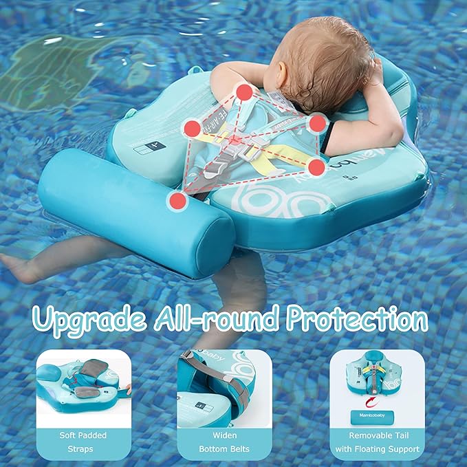 Mambobaby Float Baby Float with Canopy & Tail Non-Inflatable Infant Pool Floats Adjustable Safety Strap Toddler Swim Trainer (Green)