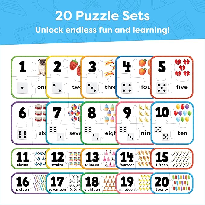 Number Puzzle Kindergarten Math Games - Number Matching Puzzle - 20 Sets Learning Numbers Puzzles - Counting Toys for Toddlers Kids Ages 3-5 - Preschool Learning Activities - Puzzles for Toddlers 2-4