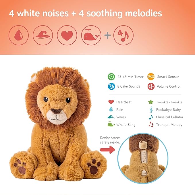 Cloud b Sound Machine with White Noise Soothing Sounds | Cuddly Stuffed Animal | Adjustable Settings and Auto-Shutoff | Louis Lion Smart Sensor