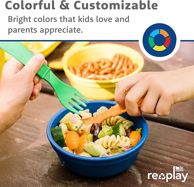Re-Play Toddler Forks and Spoons Set - 4x4 Utensils Set for Kids - Dishwasher and Microwave Safe - Made in USA - Set of 8-5.8" x 1.2" x 0.2" - Aqua Asst
