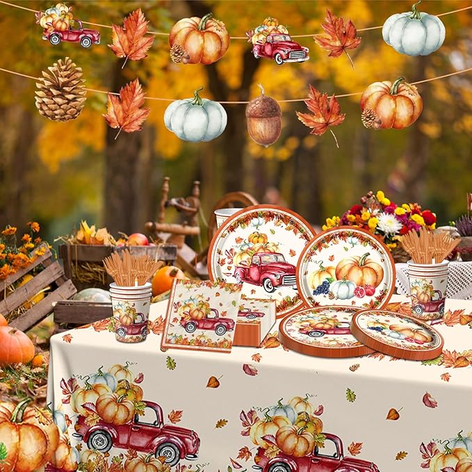142Pcs Fall Party Plates and Napkins Party Supplies, Autumn Pumpkin Leaves Tableware Set with Cups,Banner,Pumpkin Tablecloth for Fall Harvest Party Thanksgiving Dinner Party Decorations, Serves 20