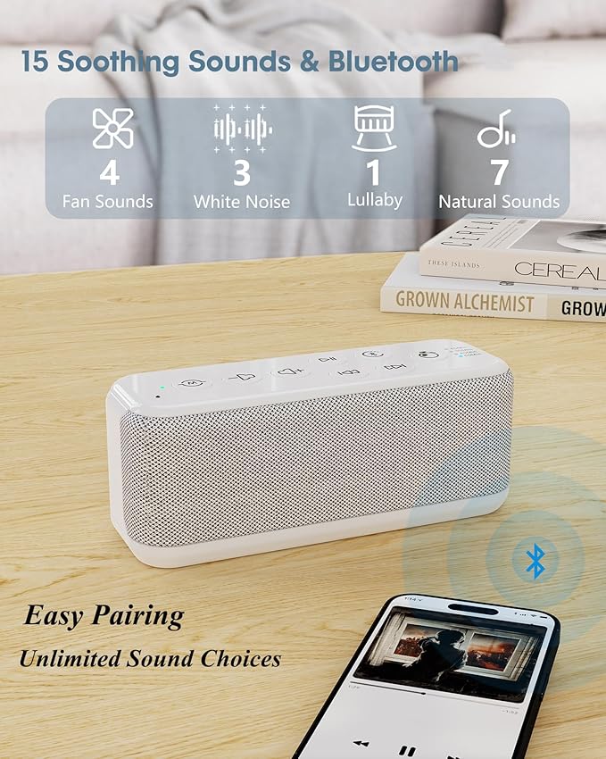 White Noise Sound Machine with Bluetooth,3000mAh Battery Powered,40H Long Lasting,Hi-Fi Audio,30/60/120m Timer,Wireless Portable Sleep Sound Machine for Adults/Baby,Type-C Rechargeable,Headphone Jack