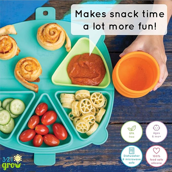 Silicone On-The-Go Snack Mat – Foldable Reusable Placemat with 3 Compartments and Lids – Travel-Friendly Baby and Toddler Snack Plate – Dishwasher Safe (Aqua)