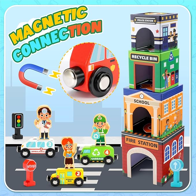 Baby Stacking Toys for Toddlers, Magnetic Wooden Cars & Garage Sorting Community Helpers Preschool Educational Learning Montessori Toys Birthday Gifts for Kids Number Blocks Nesting Boxes