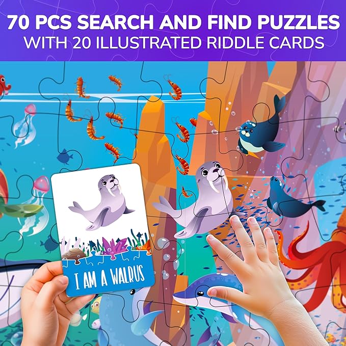 QUOKKA Search and Find Puzzles for Kids Ages 4-6 - Riddle Kids Puzzles 6-8 Years Old - 70 Unique Pcs - 20 Illustrated Guessing Cards - Engaging Children Themes - Ocean Puzzle Gift for Toddlers 3-5