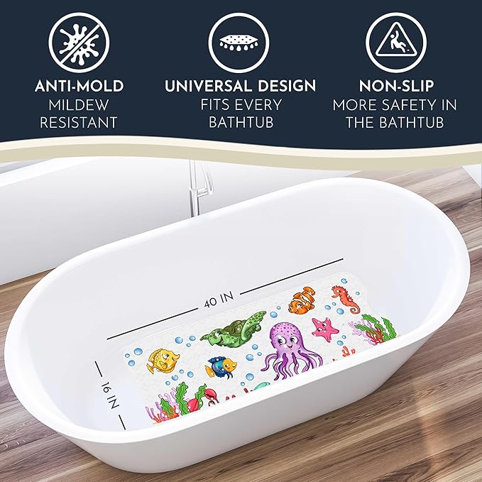 Homerella Baby Bath Tub Mat | Anti Mold Mildew Resistant Non Slip Kids and Adult Bath Tub Shower Mats | 40x16 inch Long with Suction Cups for Secure Grip Hooks for Storage & Drying | Machine Washable