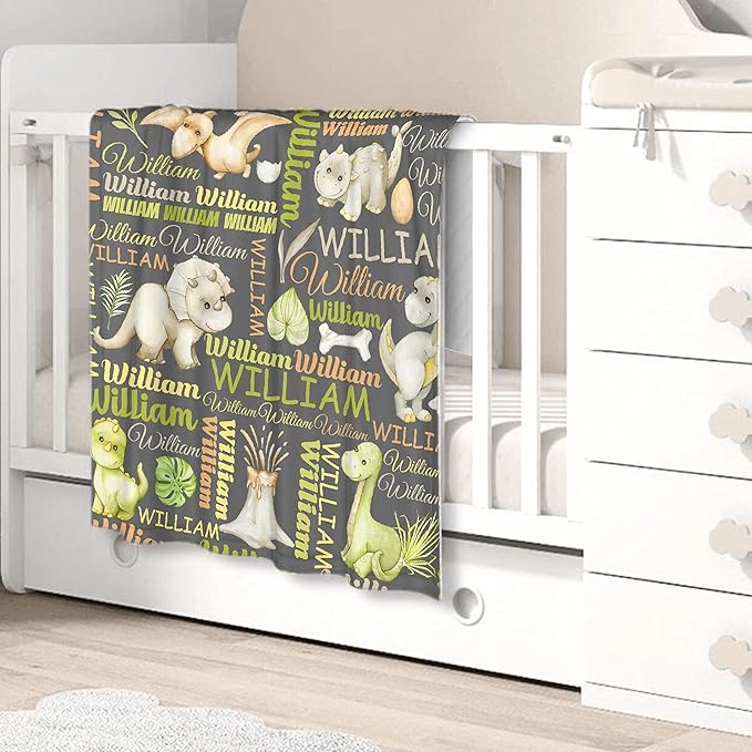 Personalized Baby Blanket for Girls Boys Dinosaur Custom Baby Blanket with Name Swaddle Blanket for Toddlers Infants Kids Shower Newborns Nursery Stroller Crib Decor Throw Birthday Gift