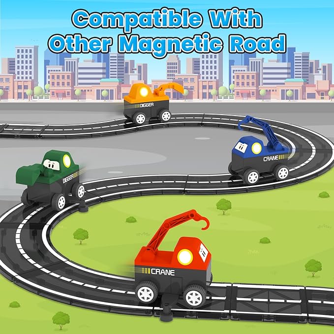 Magnetic Tiles Truck Toddler Toys 3 4 5 Year Old Boys Girls, Magnetic Blocks Electric Engineering Vehicle - 2 Car Bases and 4 Car Bodies. Compatible with Traversable on Magnet Roads.