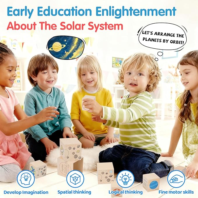 Wooden Eight Planets Nesting Blocks for Kids 3+, Montessori Sorting & Stacking Cube Boxes, Preschool Educational Science Toy Set for Toddlers Boys & Girls―Learning Solar System (8 Pcs)