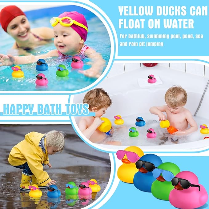 Chivao 12 Pcs Rubber Ducks with 12 Sunglasses/ Hats/ Headwear Small Mini Carnival Cruise Birthday Rubber Duckies Bathtub Toys in Bulk(Stylish Style,Bright Colors)
