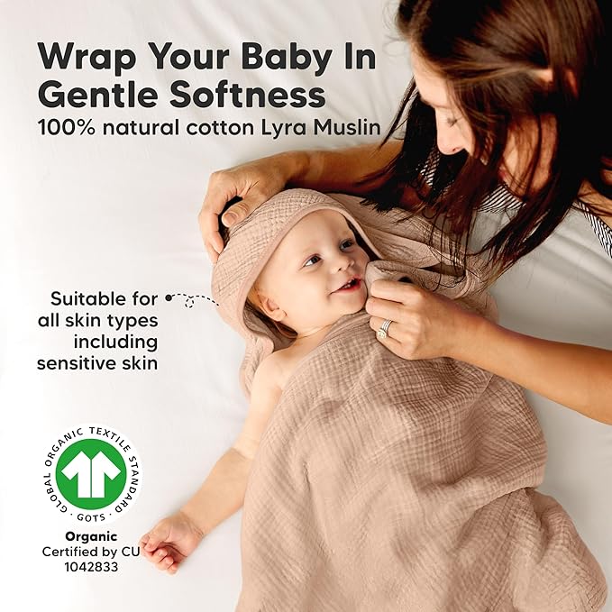 KeaBabies Muslin Hooded Baby Towels for Newborn Girls, Boys - 2-Pack, 30x30 Organic Cotton Baby Bath Towels Hooded, Soft Absorbent, Toddlers, Kids, Infant, Newborn Bath Essentials (Almond, Petite)