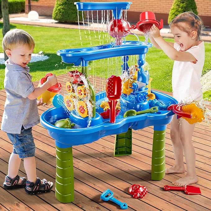 Water Table for Toddlers 3-5, 3-Tier Kids Sand Water Table, Water and Sand Activity Sensory Table Summer Beach Outside Toys Backyard for Kids Toddlers Age 3 4 5 6 7 8