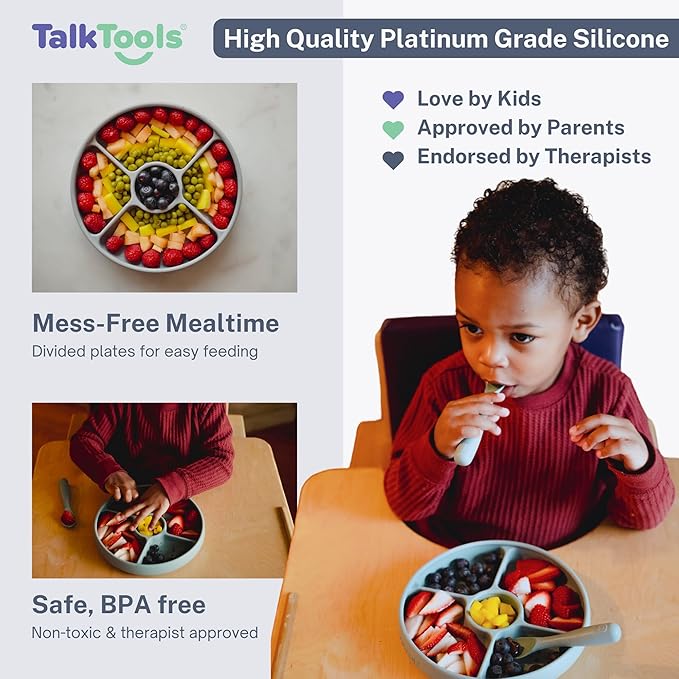 TalkTools Bitsy Silicone Baby Suction Plate with Lid – Divided Toddler Plate for Self-Feeding, Non-Slip, BPA-Free, Dishwasher & Microwave Safe Kids Mealtime Plate.