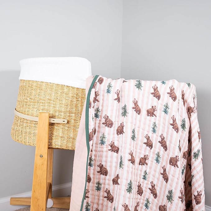 LollyBanks Muslin Baby Blanket 100% Organic Cotton, Muslin Quilt Lightweight, 6 Layers Soft Blanket Neutral, 47"x 47" Toddler Blankets for Girls and Boys, Nursery Receiving Blankets (Bear Print)