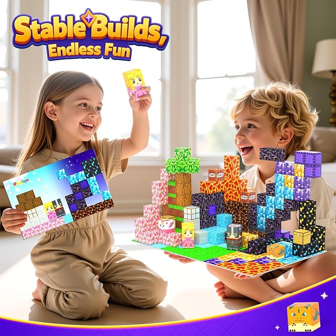 154PCS Magnetic Blocks - Build Mine Magnet World Stacking Cube Toys with Magnet Board, Magnetic Tiles Building Blocks STEM Construction Toys, Sensory Games for Kids Age 3+ Boys Girls Birthday Gift